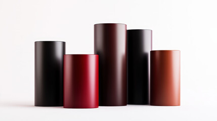 Cylinders podiums of red, brown and black colours, clean background. Industrial or product template. Generative AI