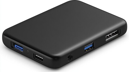 A sleek black external hard drive with multiple ports for data transfer and connectivity.