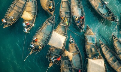 Aerial view of fishing boats in the ocean.