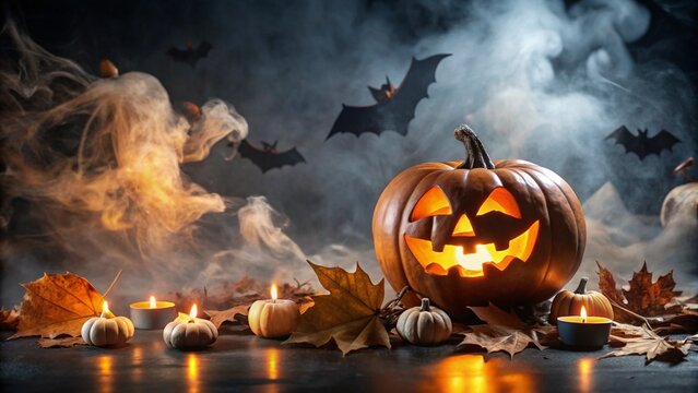 Spooky Halloween JackoLantern with Candles and Bats in Smoke - Powered by Adobe