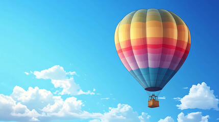 Naklejka premium A colorful hot air balloon floats against a blue sky with white clouds.