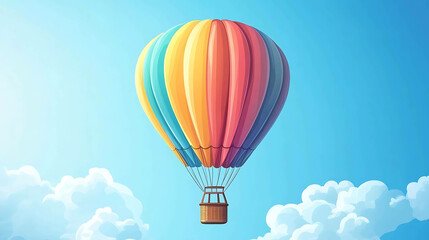Fototapeta premium A colorful hot air balloon floats against a bright blue sky with fluffy white clouds.