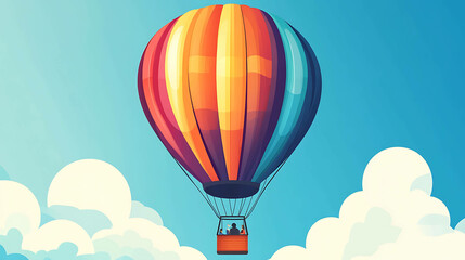 Obraz premium A vibrant, multi-colored hot air balloon floats in a blue sky with fluffy white clouds.