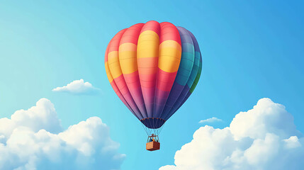 Fototapeta premium A colorful hot air balloon floats in a bright blue sky with white clouds.