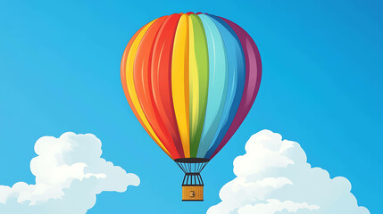 Obraz premium A colorful rainbow hot air balloon floats against a bright blue sky with fluffy white clouds.