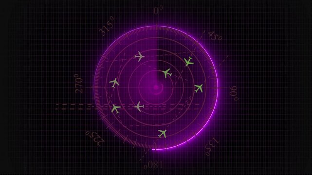 An air traffic control tower equipped with radar.High-tech radar scanner for flight coordinates between countries and continents. Map of International Air Travel between continents and countries.