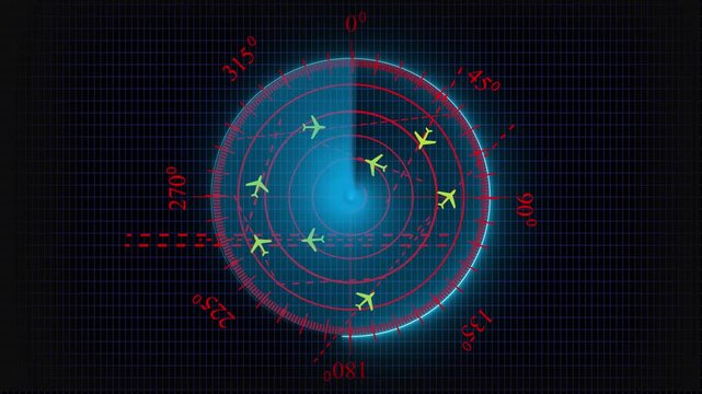 An air traffic control tower equipped with radar.High-tech radar scanner for flight coordinates between countries and continents. Map of International Air Travel between continents and countries.