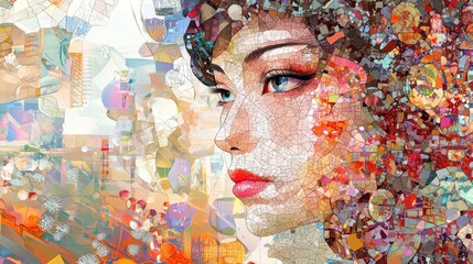A vibrant portrait blending human emotion with abstract mosaic elements in colorful harmony