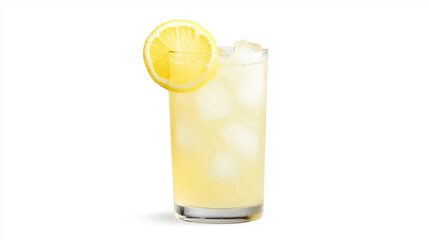 A tall glass of lemonade with ice cubes and lemon slices, isolated on a white background.