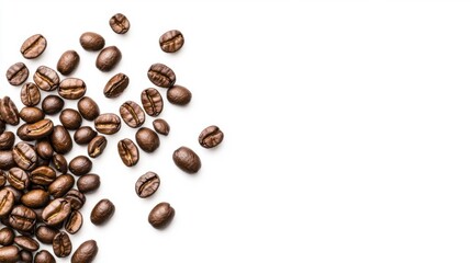 Obraz premium A handful of roasted coffee beans, scattered, isolated on a white background.