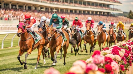 Spring Racing Carnival, horses galloping on the lush green track, background of spectator stands full of cheering people,