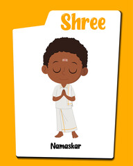 A south indian boy cartoon doing namaskar AKA Shree. Little boy cartoon character.