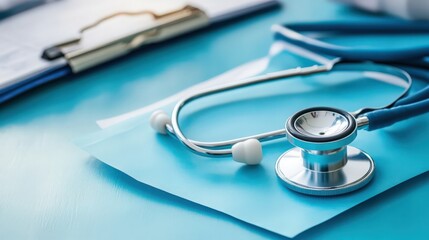 Medical equipment: blue stethoscope and tablet on white background. Medical equipment
