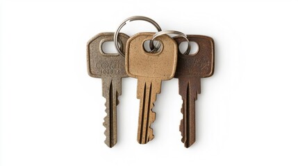 A set of vintage keys on a keyring, isolated on a white background.