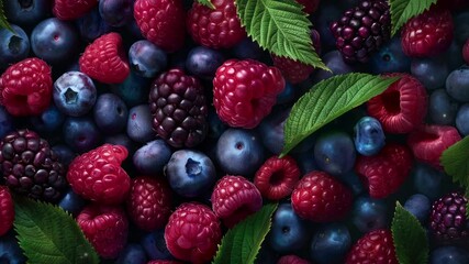 Close up of fresh berry fruit background with leaves, top view. Photorealistic high resolution macro photography for advertising or food design
