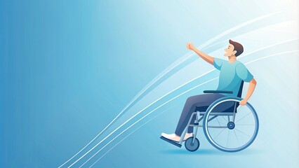 Obraz premium Happy Man in Wheelchair with Blue Background