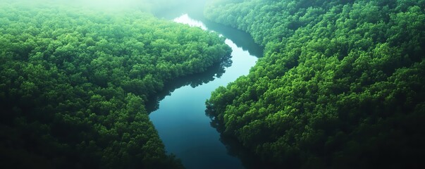 Aerial view of a river flowing through lush green forest.