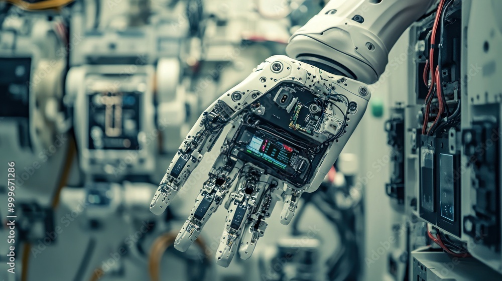 Poster a robotic hand with intricate circuitry, showcasing advanced technology and design.