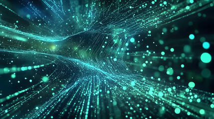 Obraz premium Digital technology speed connect blue green background, cyber nano information, innovation future tech data, internet network connection, Ai big data, line dot illustration 3d. Generative Ai
