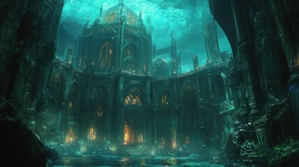 A grand underwater palace in Atlantis, with intricate carvings and glowing crystals, inhabited by mysterious aquatic beings. Ancient yet advanced.