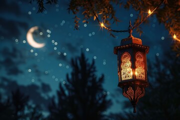 Holy month of Ramadan concept. Burning, lighting, glowing Ramadan Lantern on white table on the background of a dark blue textured wall. Greetings card. Place for text on the left.