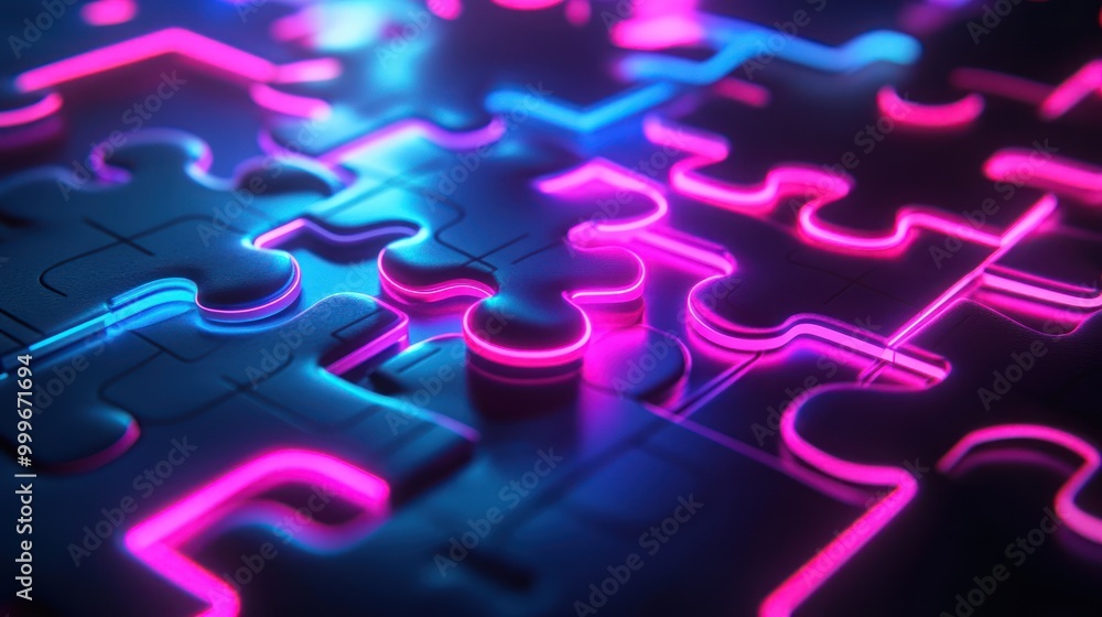 Poster a close-up of glowing puzzle pieces in vibrant neon colors, symbolizing connection and complexity.