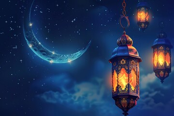 Holy month of Ramadan concept. Burning, lighting, glowing Ramadan Lantern on white table on the background of a dark blue textured wall. Greetings card. Place for text on the left.