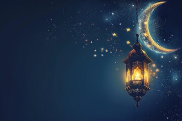 Naklejka premium Holy month of Ramadan concept. Burning, lighting, glowing Ramadan Lantern on white table on the background of a dark blue textured wall. Greetings card. Place for text on the left.