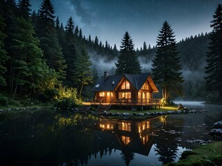 Fototapeta premium cabin in the forest mountain on lake