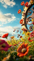 Fototapeta premium A meadow brimming with colorful flowers and mechanical elements under a vibrant sky