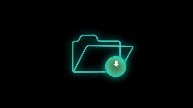 Glowing shape line Download arrow with folder icon isolated on black background. HUD 4K Video