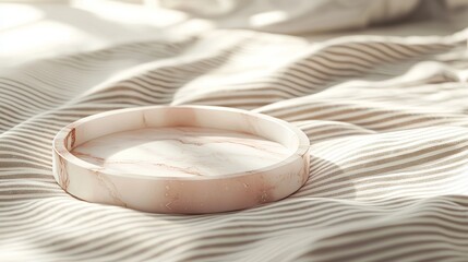 Minimalist Marble Tray on Striped Bed Linen in Sunlit Cozy Bedroom Setting