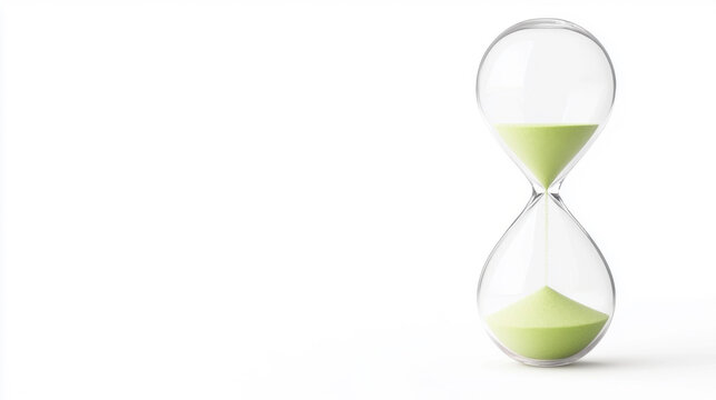 A realistic hourglass with sand halfway through, isolated on a white background.