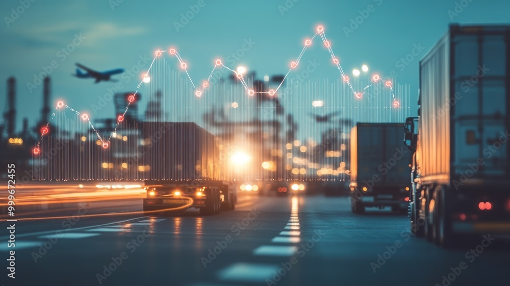 Poster trucks and cargo containers with a data graph overlay in an industrial setting.