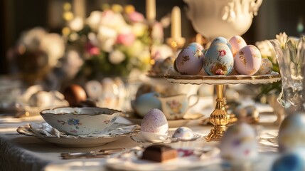 Decorated Easter eggs on a gold cake stand on a table setting.
