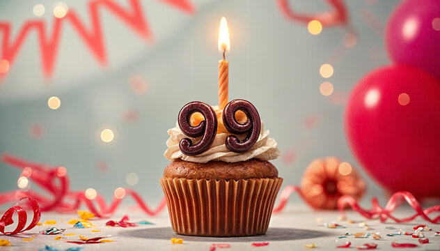 Birthday cupcake with burning lit candle with number 99. Number ninety-nine for ninety-nine years or ninety-ninth anniversary.