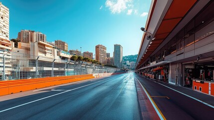Obraz premium A panoramic view of the Monaco Grand Prix pit lane, fully equipped but with no cars or people, showcasing the quiet before the race.