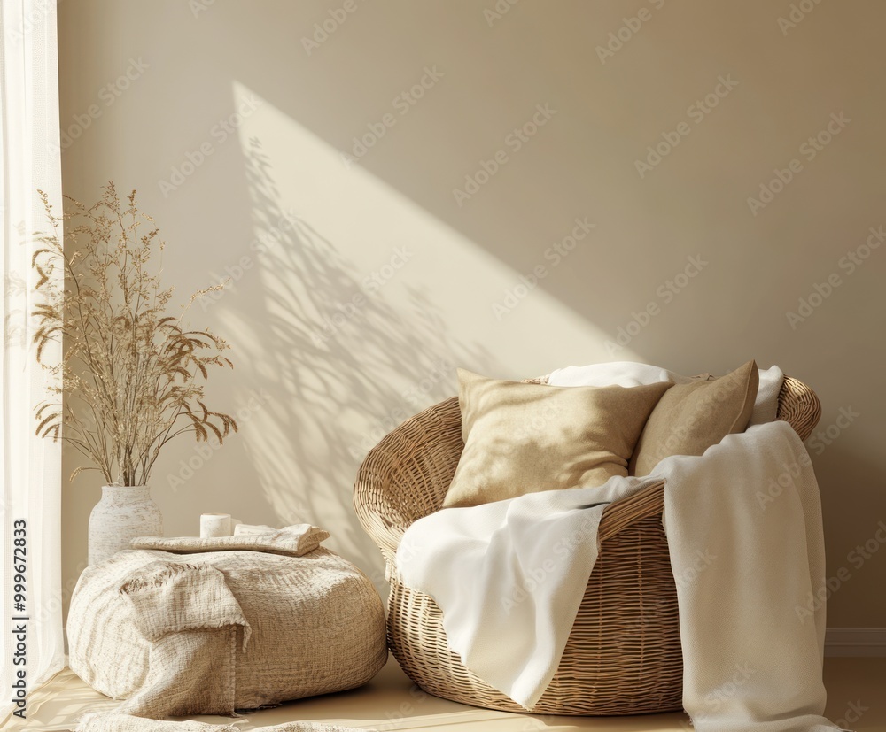 Wall mural Cozy interior scene featuring a wicker chair, cushions, and decorative plants in soft lighting.