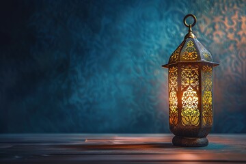 Holy month of Ramadan concept. Burning, lighting, glowing Ramadan Lantern on white table on the background of a dark blue textured wall. Greetings card. Place for text on the left.