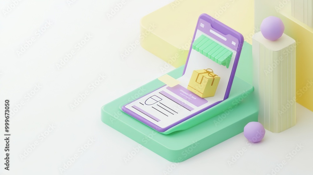 Poster a 3d illustration of a smartphone displaying an online shopping interface with a package.