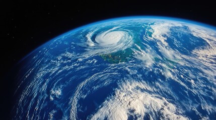 Obraz premium A satellite's-eye view of Earth, highlighting the swirling weather patterns and the vibrant blue of the oceans, with the curvature of the planet in clear view.