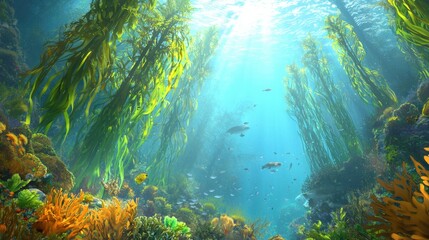 Fototapeta premium Exploring the vibrant underwater kelp forest teeming with marine life
