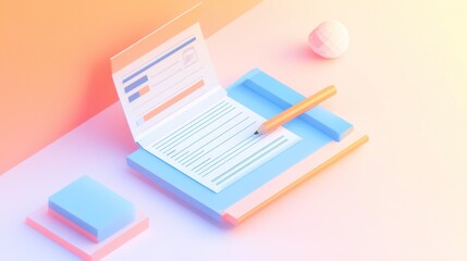 A stylized workspace with a document, pen, and geometric shapes.