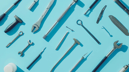 A flat lay of assorted tools on a light blue background.