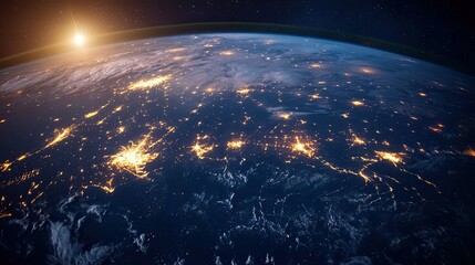 Obraz premium A stunning image of Earth at night, with city lights glowing brightly across the continents, showcasing the beauty of human civilization from space.