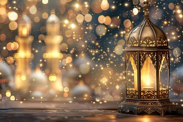 Obraz premium Holy month of Ramadan concept. Burning, lighting, glowing Ramadan Lantern on white table on the background of a dark blue textured wall. Greetings card. Place for text on the left.