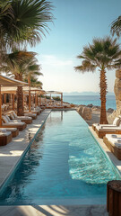 Fototapeta premium A long pool with palm trees and white umbrellas