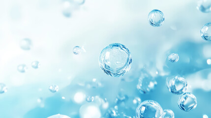 Blue water bubbles and splashes on clean background, aesthetic mockup. Generative AI