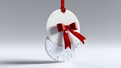 Minimalist Christmas ornament featuring a red ribbon bow on a white circular surface dusted with snow. Perfect for festive designs, holiday decor, and seasonal celebrations.