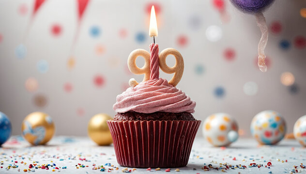 Birthday cupcake with burning lit candle with number 99. Number ninety-nine for ninety-nine years or ninety-ninth anniversary.